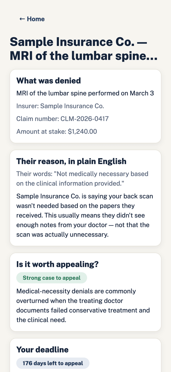 Overturn analysis of a denial letter: what was denied, the insurer's reason in plain English, and whether it's worth appealing